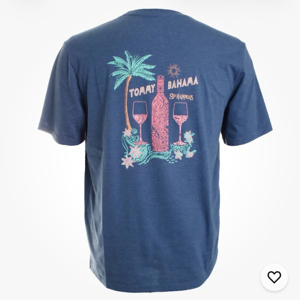 Tommy Bahama men’s SIP HAPPENS blue graphic t shirt with Tropical Print, size XL